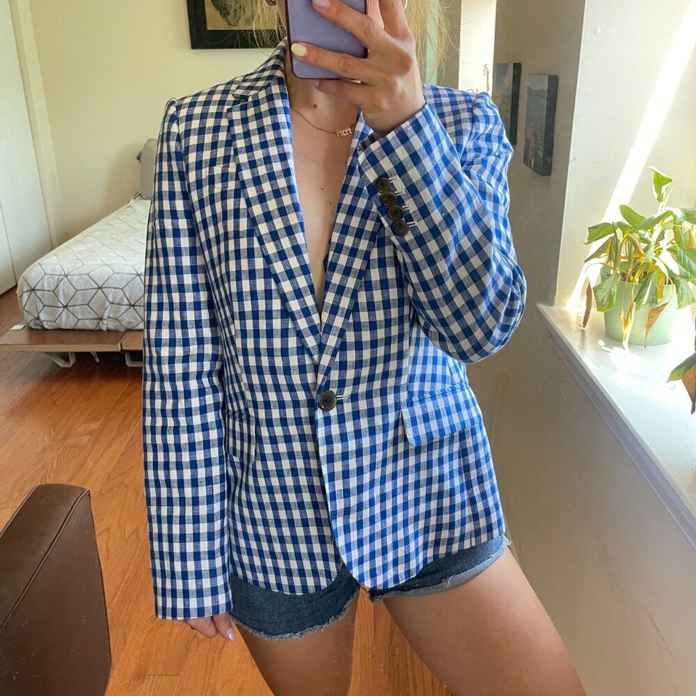 J. Crew One Button Gingham Print Blazer